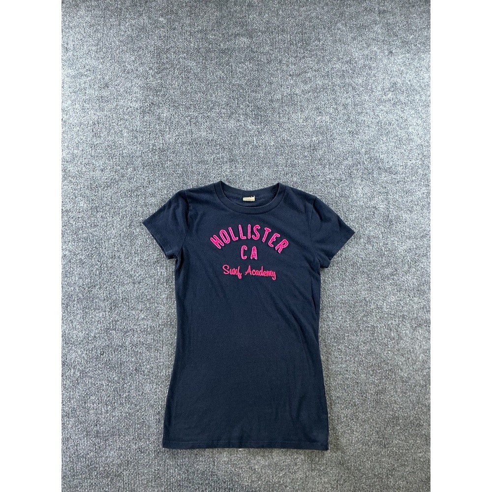 Hollister Navy Blue Pink Embroidered Surf Academy Graphic Tee Shirt Womens XS